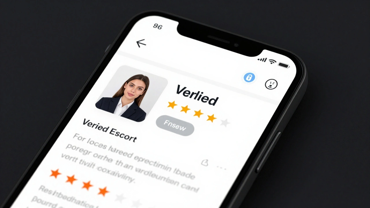 Smartphone showing a verified escort profile on a secure directory website.