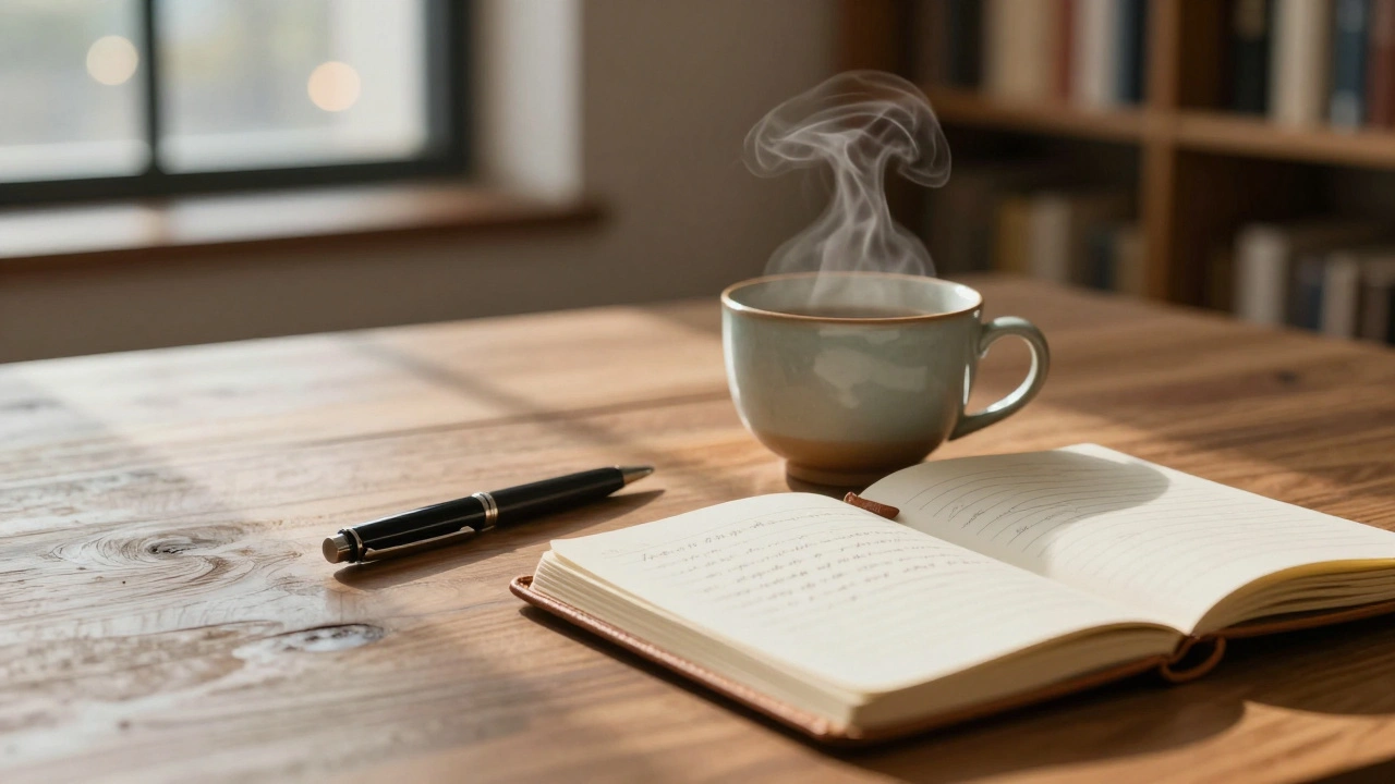 Tea cup and journal on a wooden table, symbolizing reflection and emotional renewal after a session.