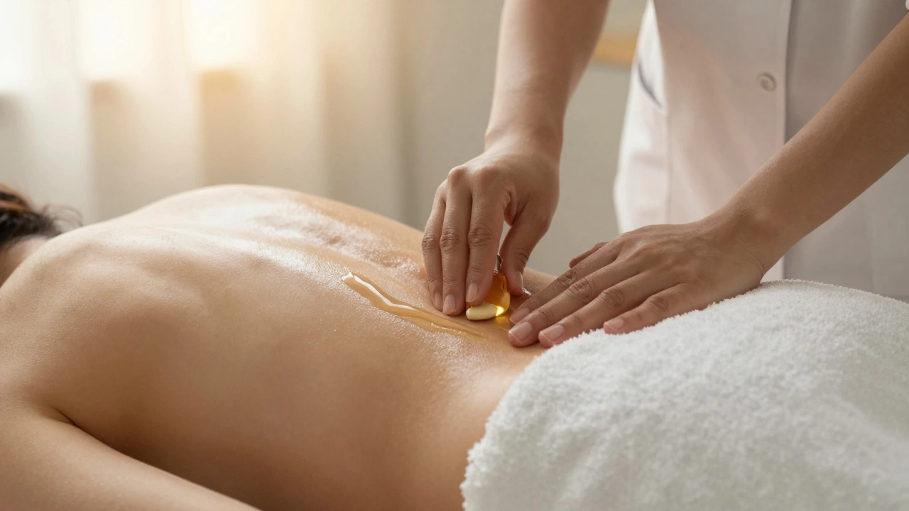 Therapist's hands applying oil to a client's back with a towel draped for modesty.