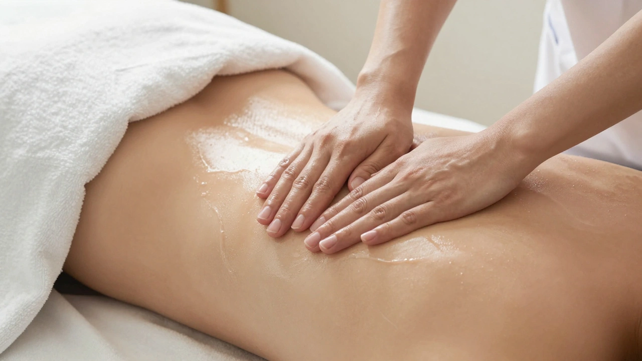 Therapist&#039;s hands gliding over a draped back with nuru gel glistening under soft light.