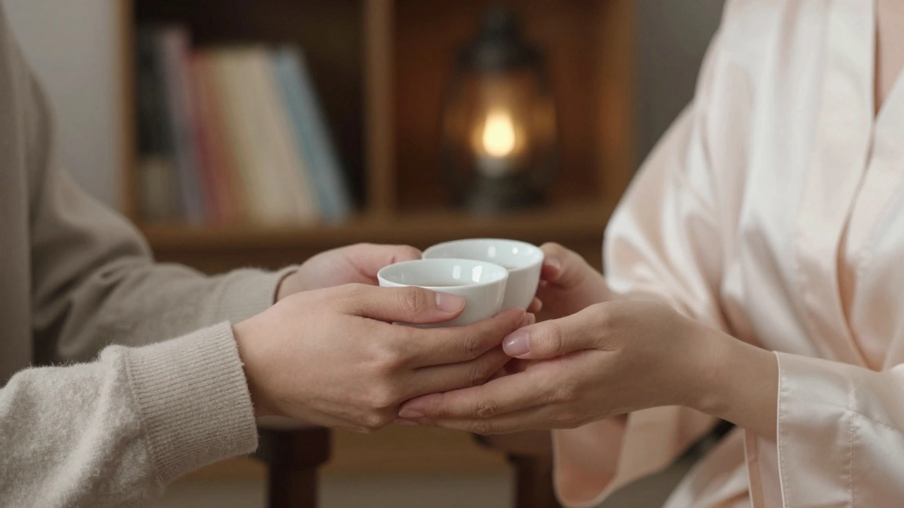 Two hands holding a cup of tea, one in a sweater and one in a silk robe.