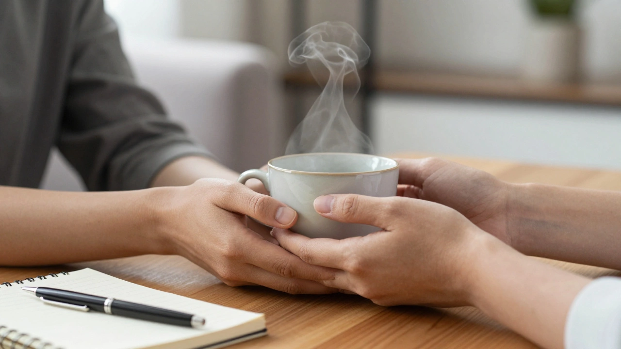 Two hands holding a shared teacup, symbolizing quiet connection and mutual respect.