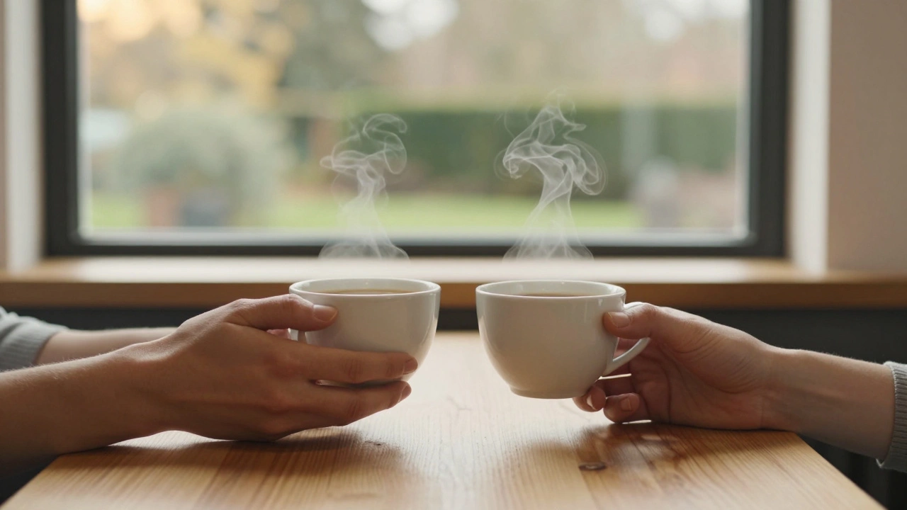 Two hands holding coffee cups in a calm café, symbolizing quiet companionship and mutual respect.