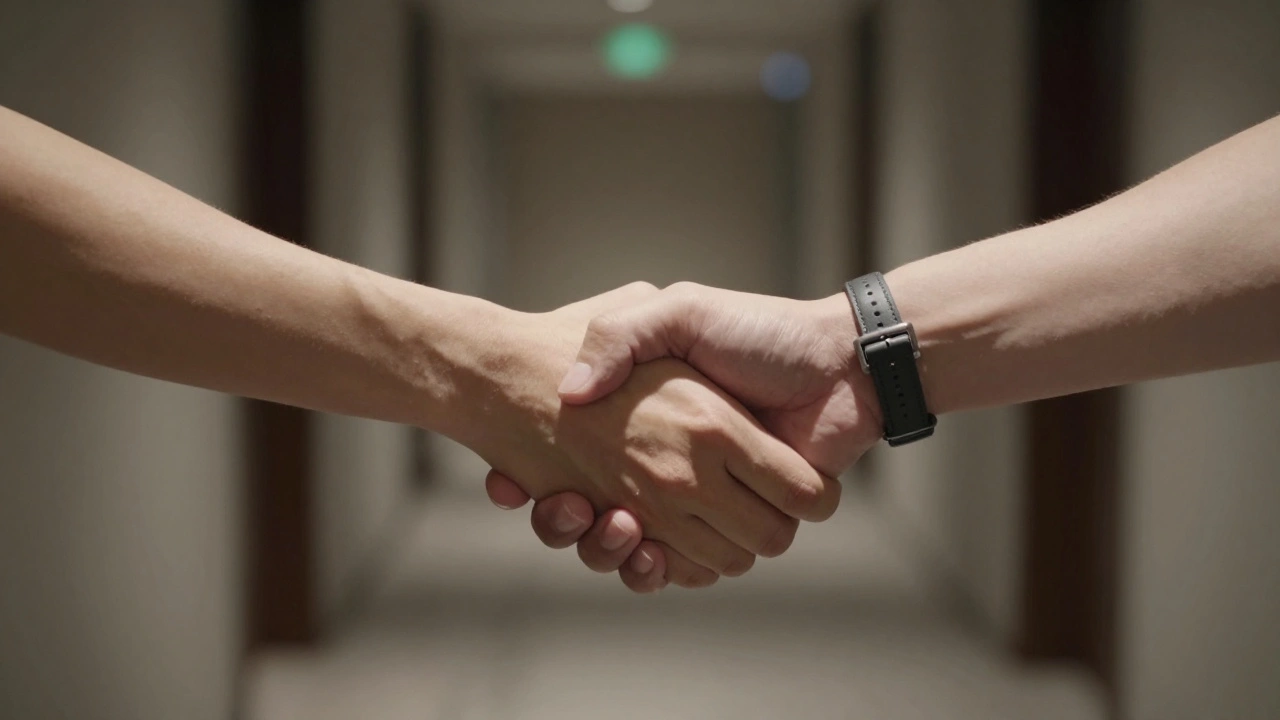 Two hands shaking in a professional handshake, representing mutual respect and consent.