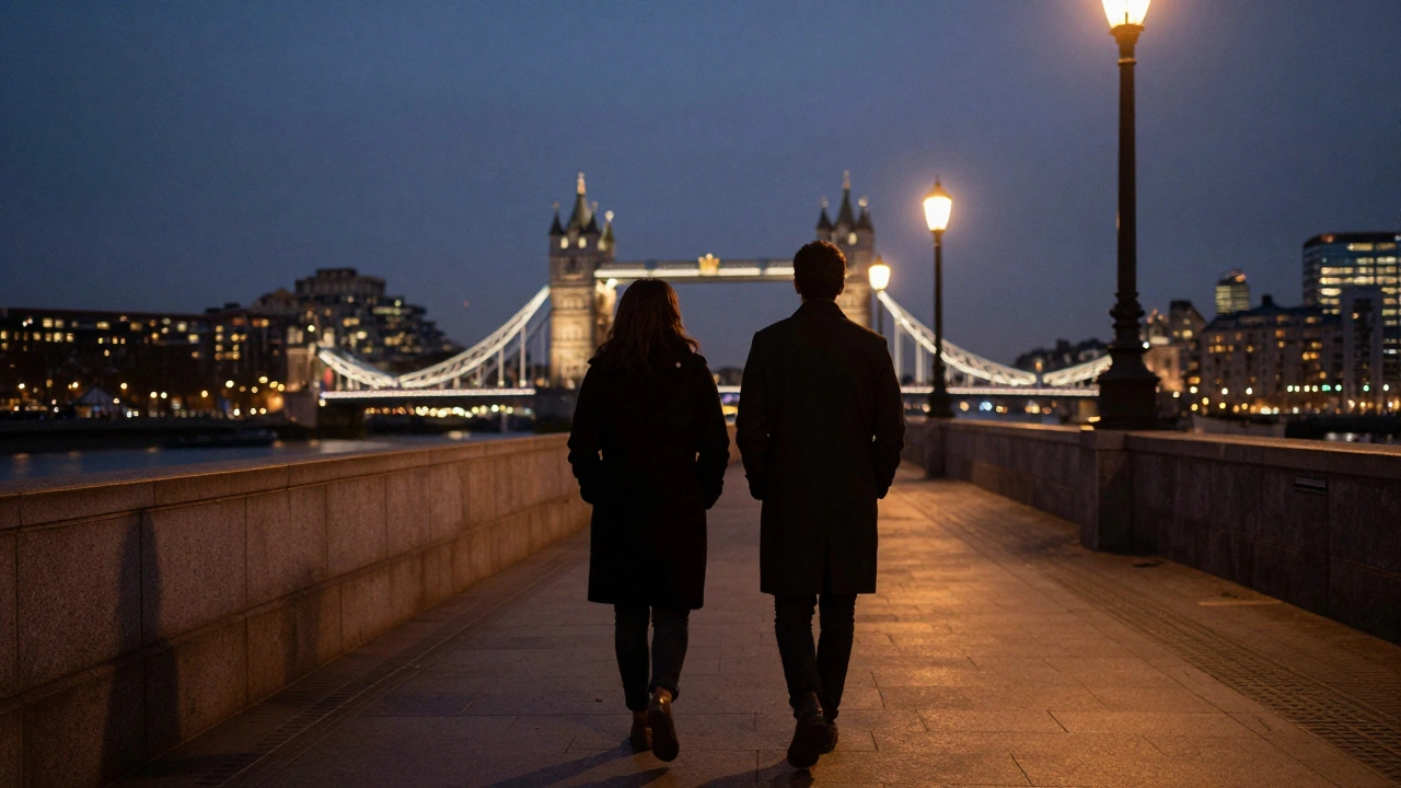 Two silhouetted figures walking along the Thames at dusk, no faces shown.