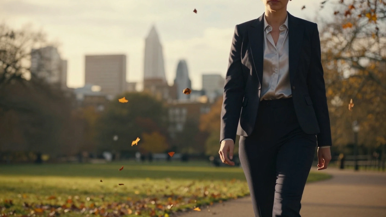 Woman in tailored outfit walking through Hyde Park at dusk, serene and independent.