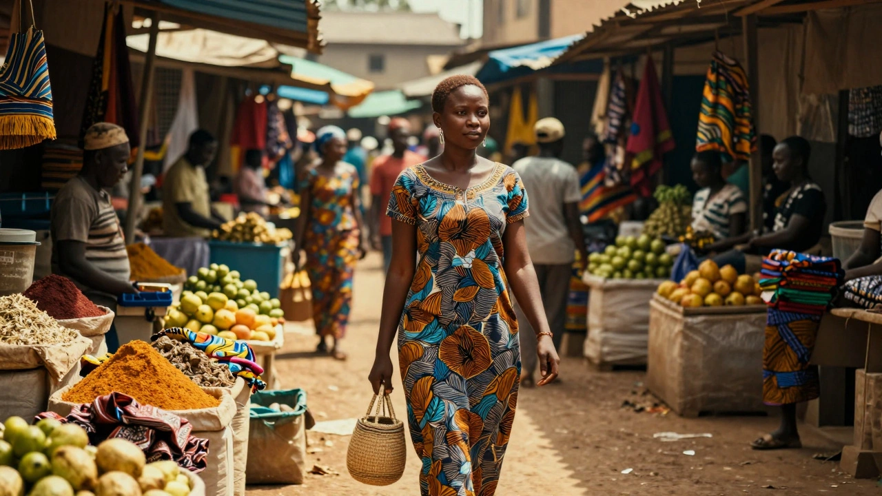 Woman walking through Owo Market, vibrant stalls, peaceful presence.