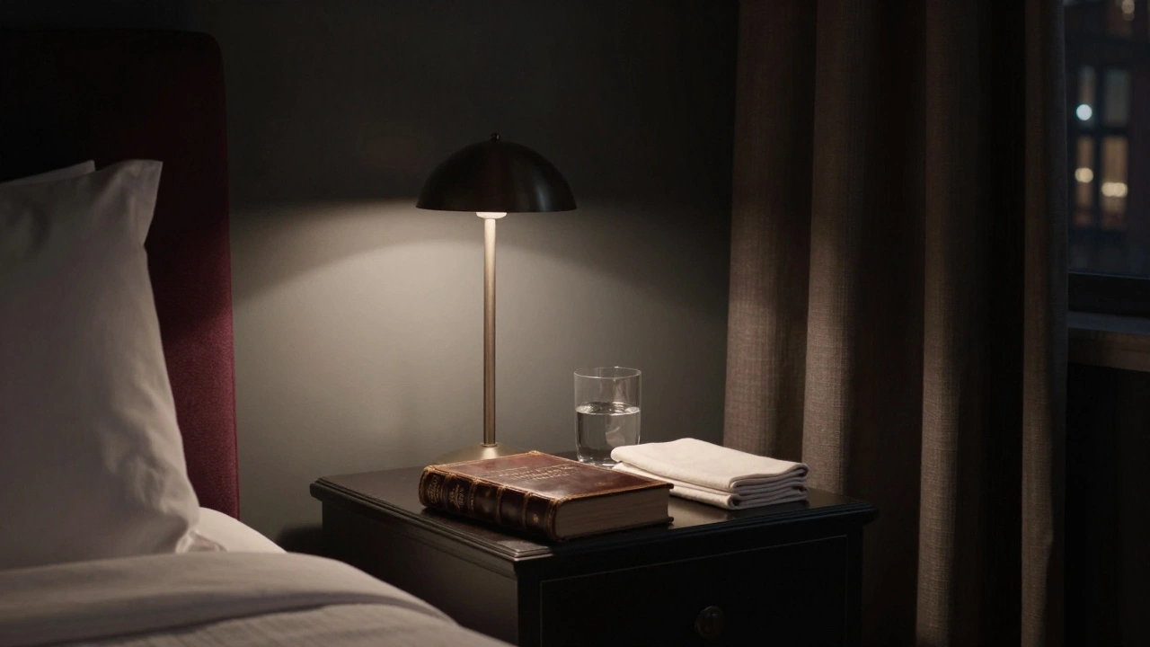 A boutique hotel room with a book and glass of water on a nightstand, soft lamplight, no people.