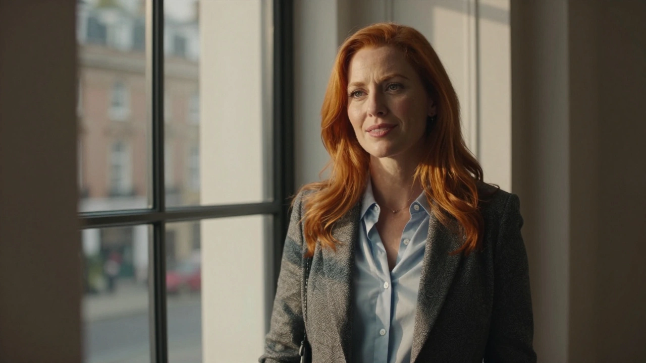 A confident woman with red hair standing near a window in a stylish casual outfit, natural light highlighting her face.