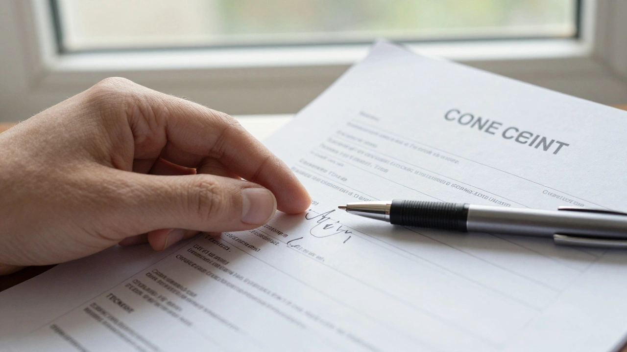 A hand holding a printed consent form with a pen beside it.