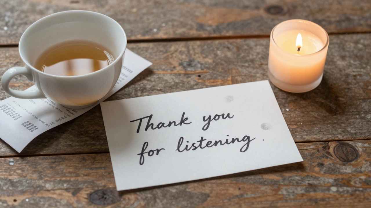 A handwritten note saying 'Thank you for listening' next to a teacup and candle on a wooden table.