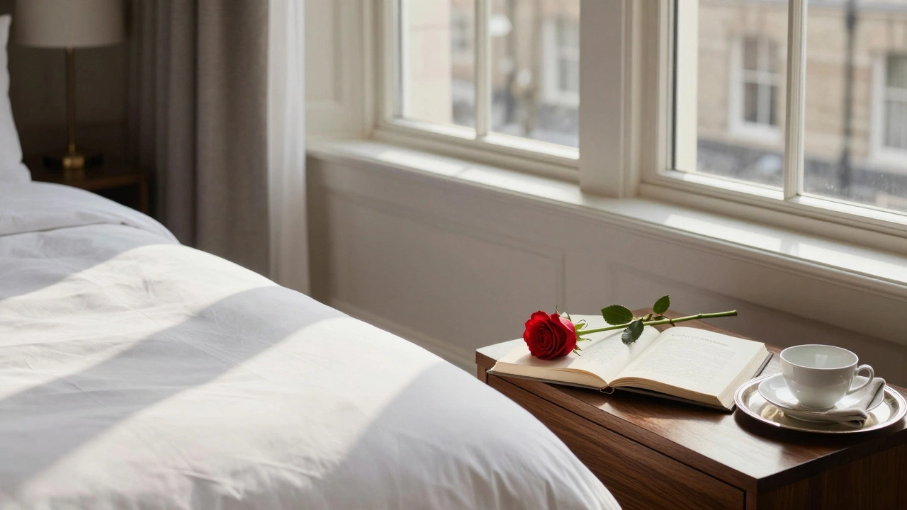 A luxurious hotel bedroom with a rose, open book, and teacup on a nightstand in soft morning light.