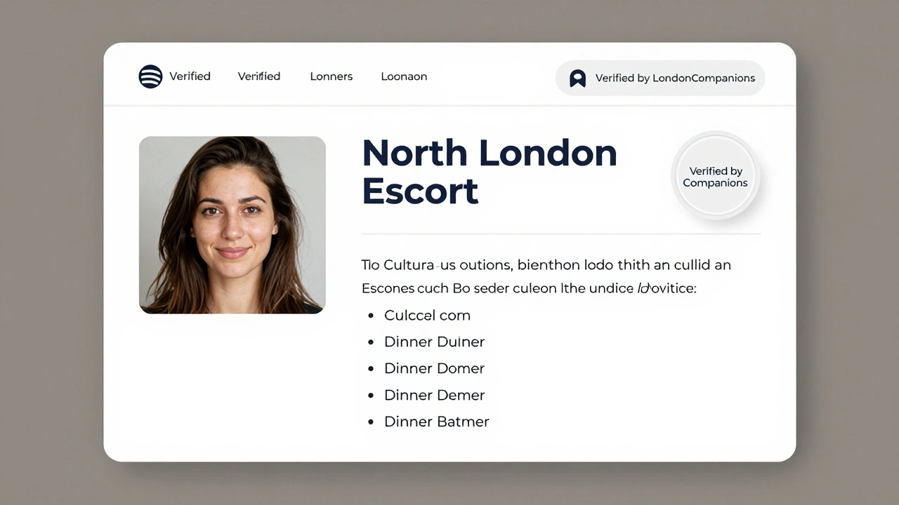 A minimalist professional escort profile with a headshot and clear service details.