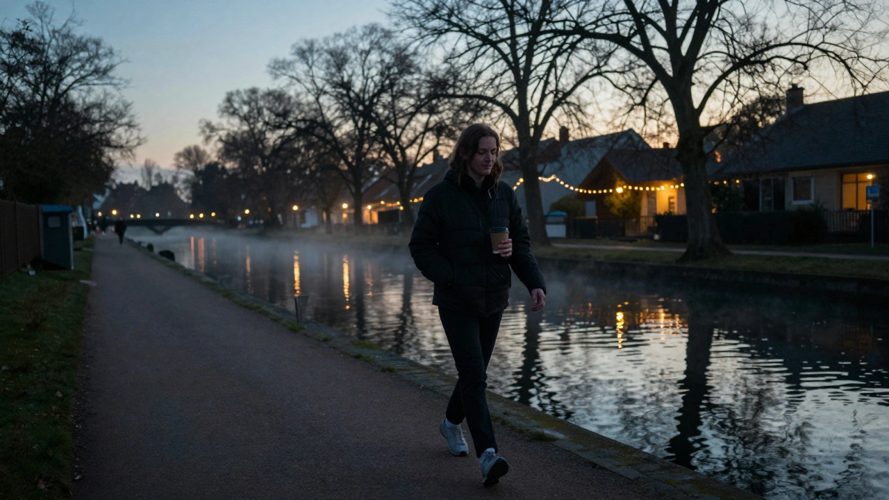 A person walking alone along a canal at dusk, holding a coffee cup, peaceful and reflective.