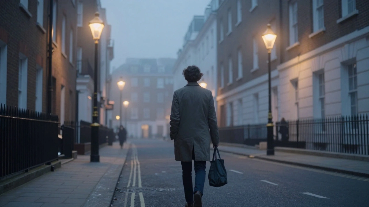 A person walking alone on a misty London street at dusk, conveying discretion.