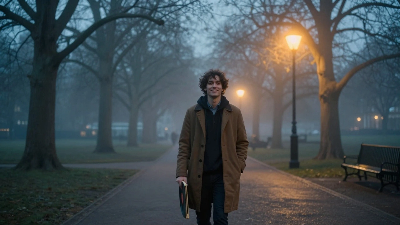 A person walking alone through a misty London park at dusk, smiling slightly.