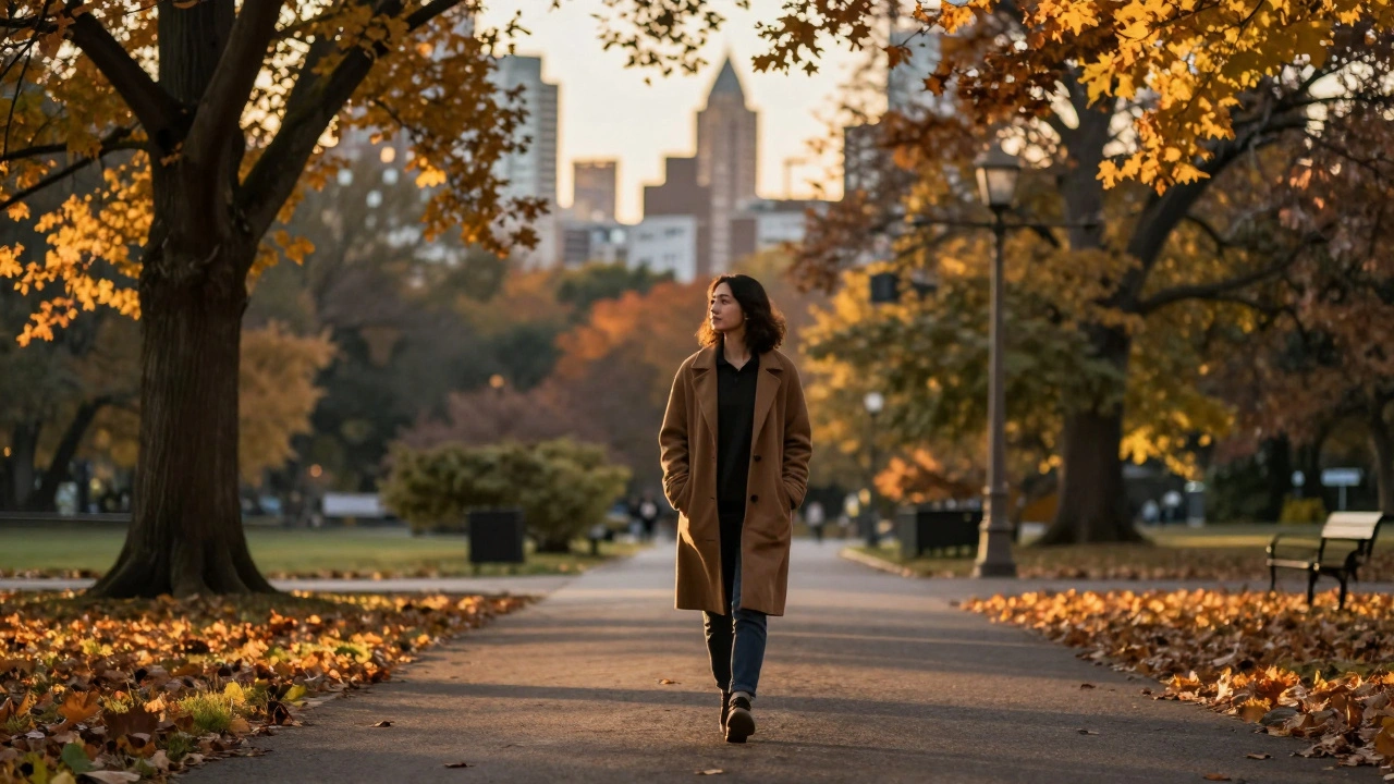 A person walking peacefully in Victoria Park at sunset, surrounded by autumn trees.