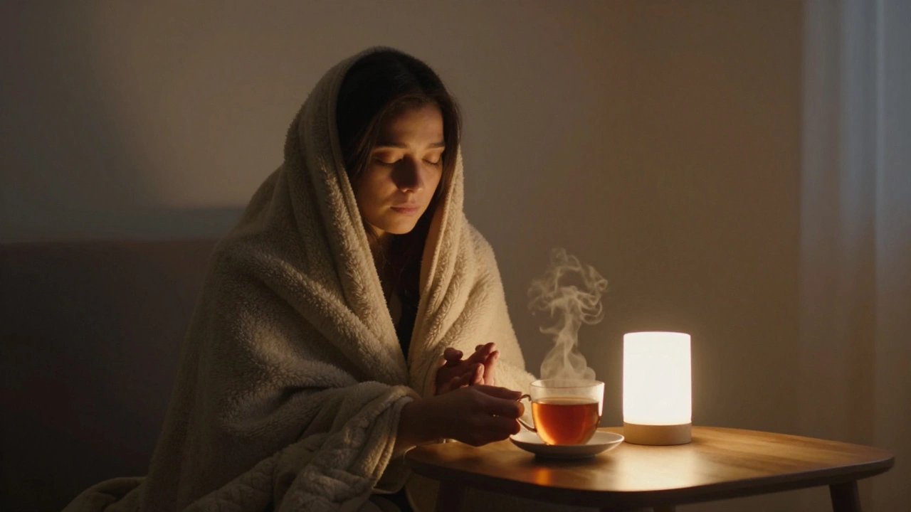 A person wrapped in a blanket, eyes closed, sipping tea after a session.