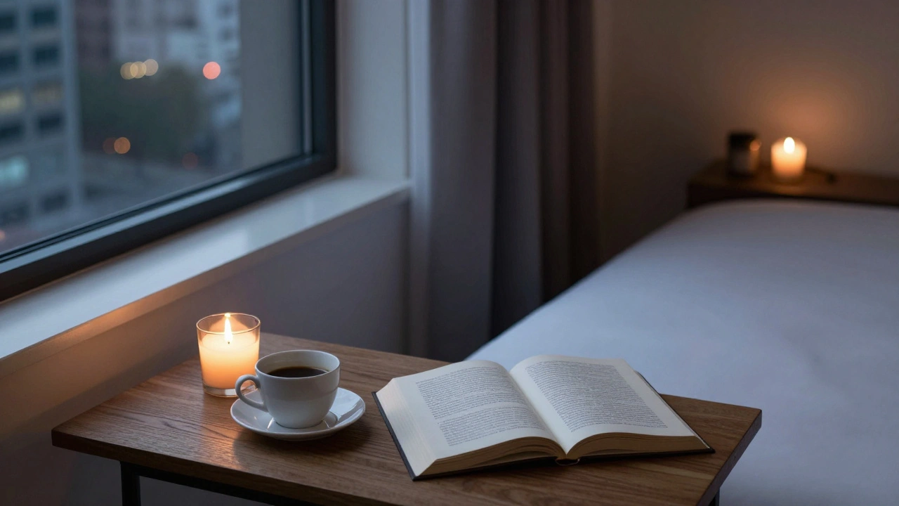 A serene hotel room with coffee, a book, and a candle—no bed visible.