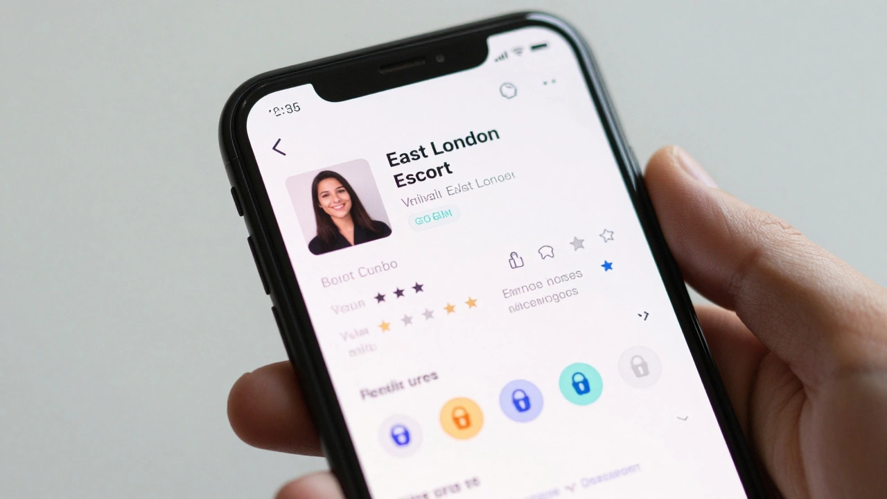 A smartphone screen displaying a professional escort profile with verified badges.