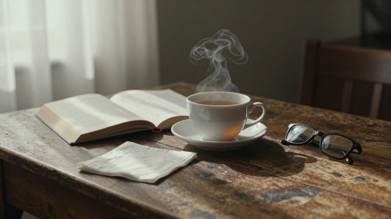 A steaming teacup and open book on a wooden table with soft natural light.