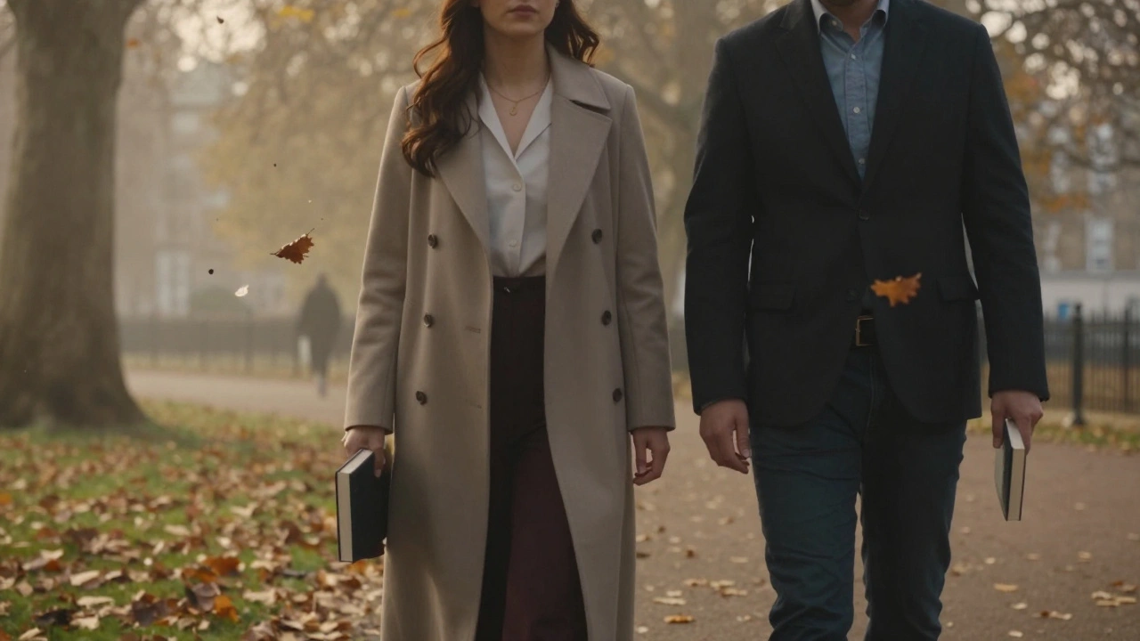 A woman and client walking together in a London park, both carrying books under autumn trees.