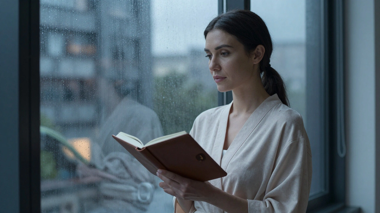 A woman in a robe holding a notebook by a rainy window, symbolizing reflection and professional solitude.