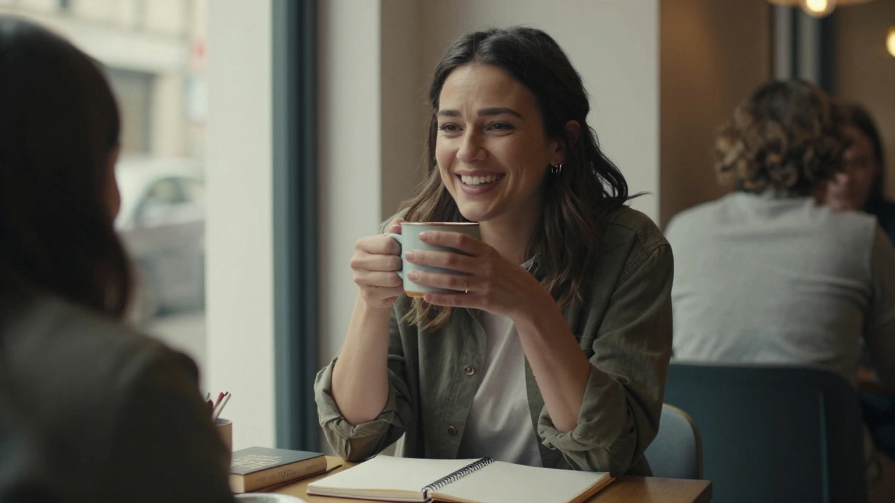 A woman smiling naturally at a café, authentic and relatable, no posing.