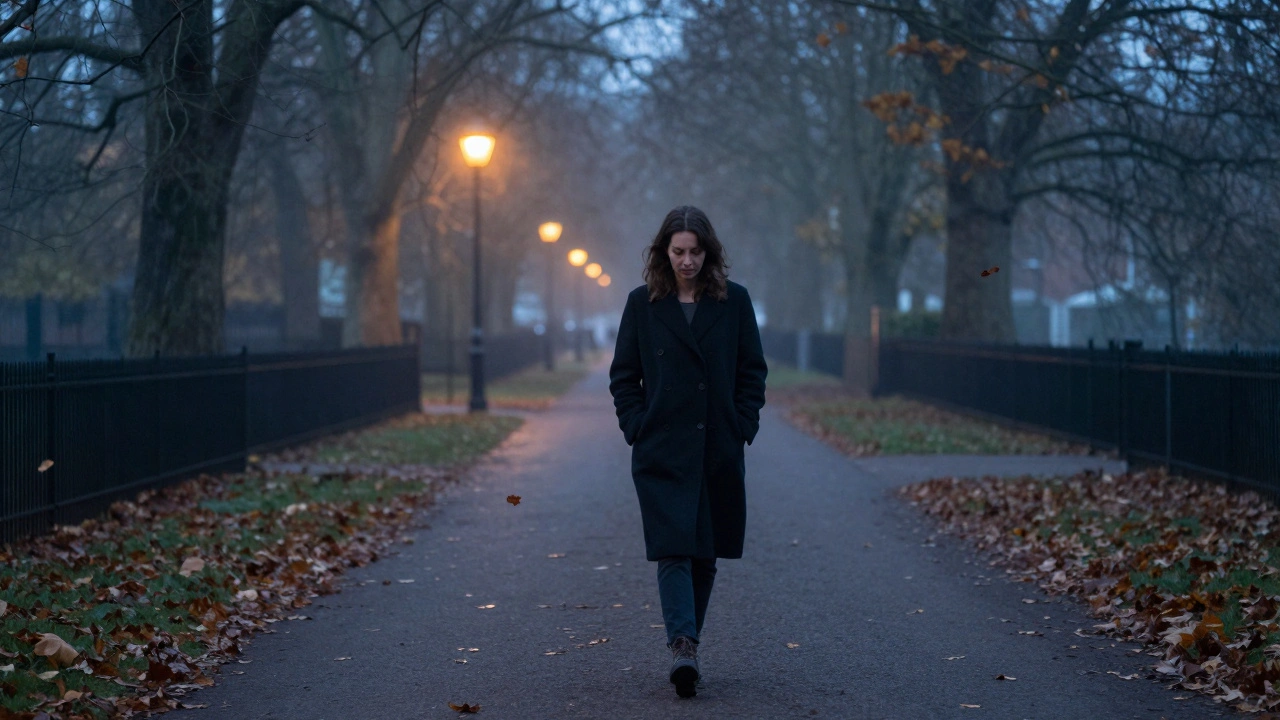 A woman walking peacefully through a quiet London park at dusk, surrounded by autumn leaves and soft light.