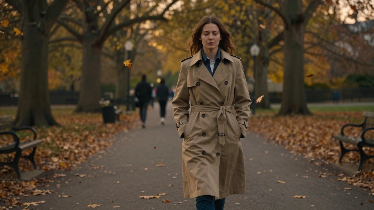 A woman walking peacefully through Hyde Park at sunset in a trench coat.