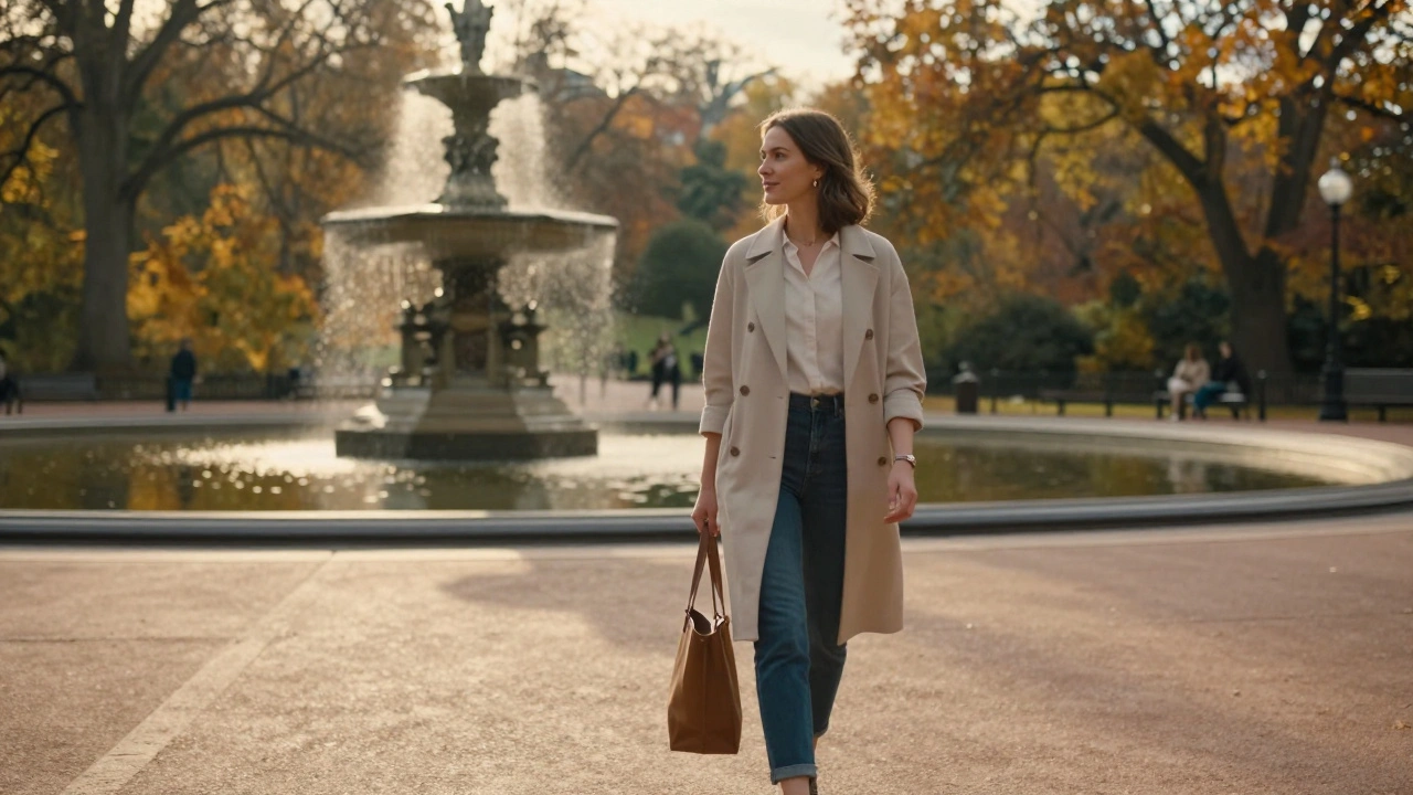 A woman walking peacefully through Hyde Park in the golden afternoon light.