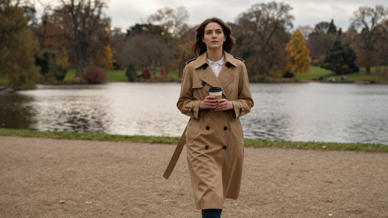 A woman walking thoughtfully through Hyde Park in autumn, wearing a trench coat and holding coffee.