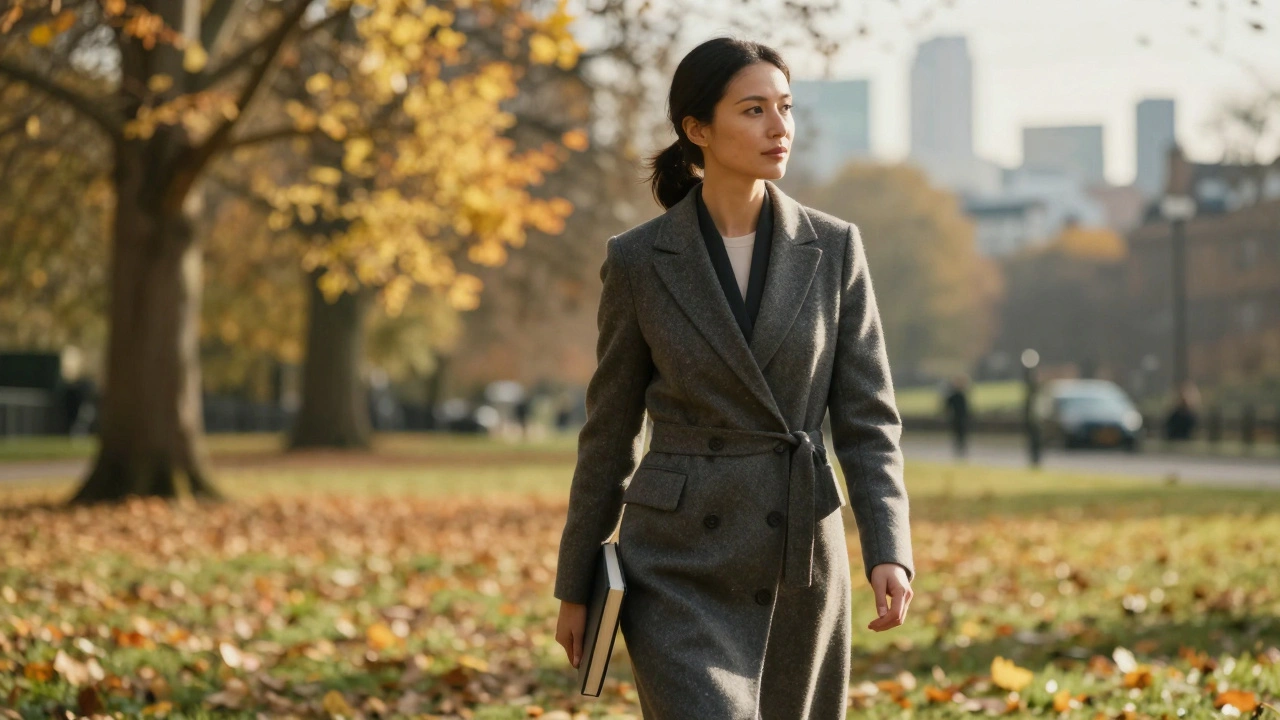 A woman walking through Primrose Hill park, holding a book, autumn light around her.