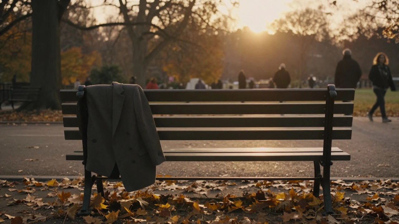 An empty park bench in Hyde Park with a coat draped over it at sunset.