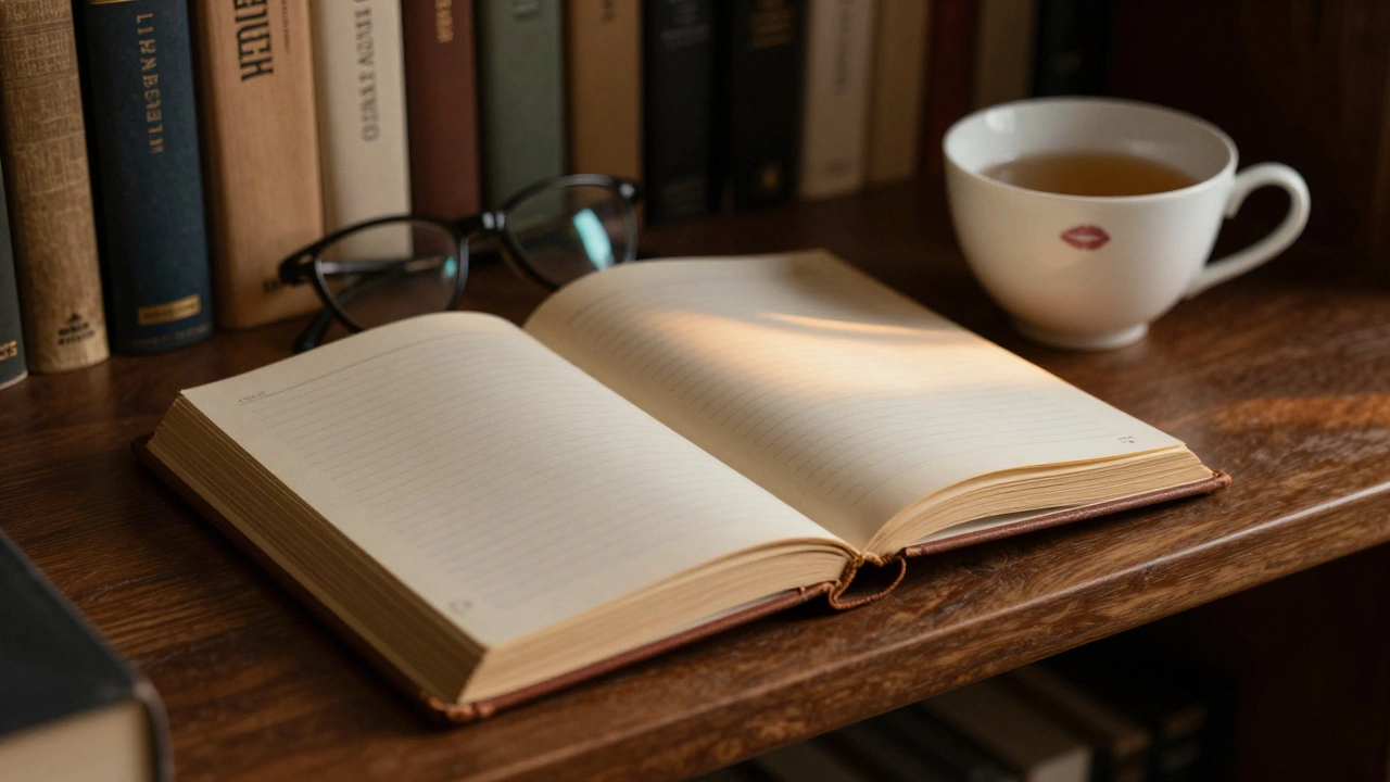 An open journal and reading glasses on a bookshelf, teacup nearby, warm lamplight, quiet and personal.