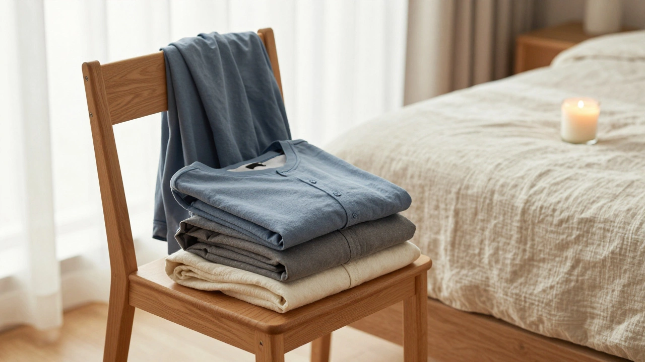 Clean clothes folded on a chair beside a made bed, conveying preparation and order.