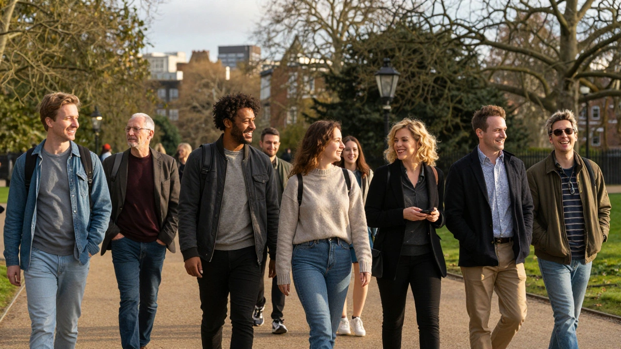 Diverse people walking together in Hyde Park, relaxed and engaged in conversation.