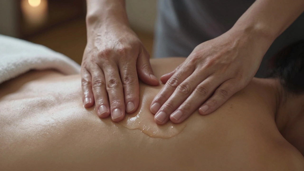Hands gently massaging a shoulder with oil, blurred background for privacy.