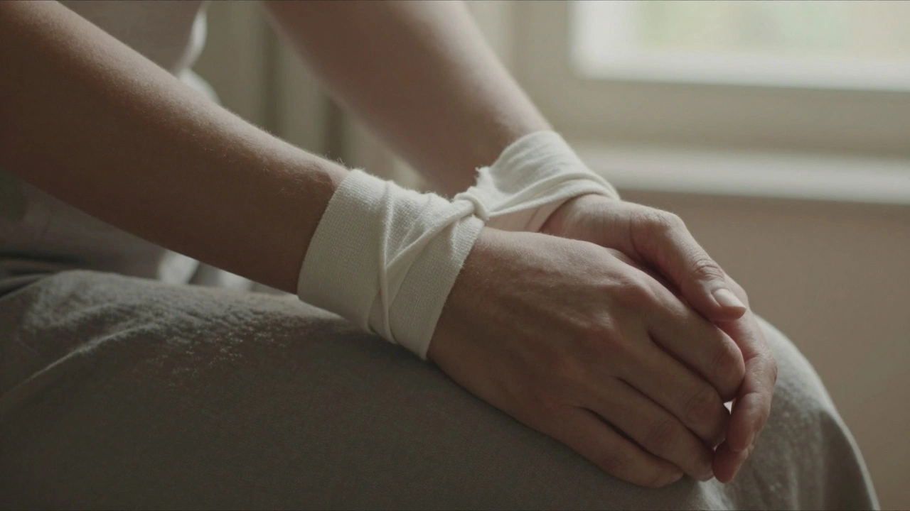 Hands gently tying a soft cotton restraint around a wrist, no faces visible.