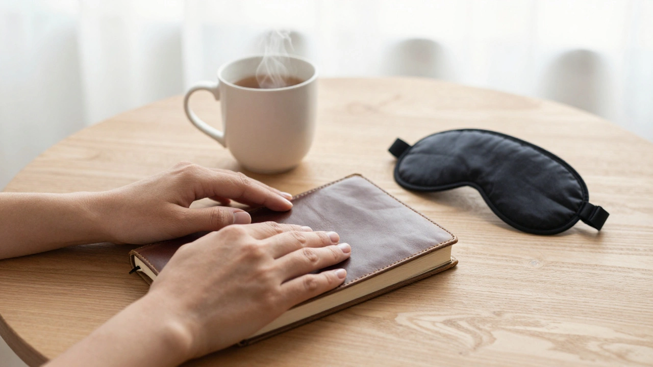 Hands holding a journal and tea after a session, quiet and reflective moment.