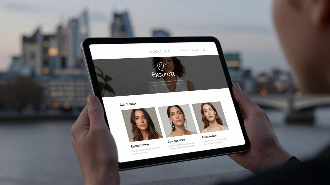 Hands holding a tablet showing a professional escort profile with clean photos.