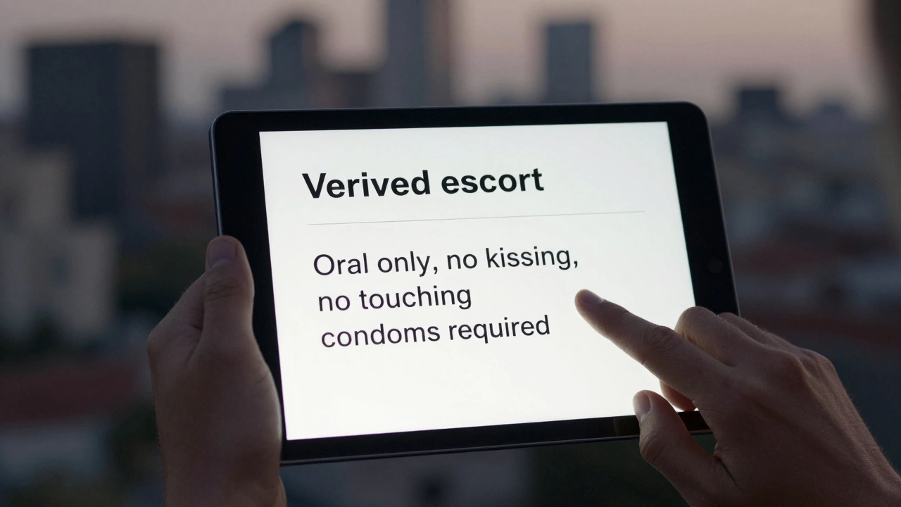 Hands holding a tablet showing clear service boundaries for an escort booking.
