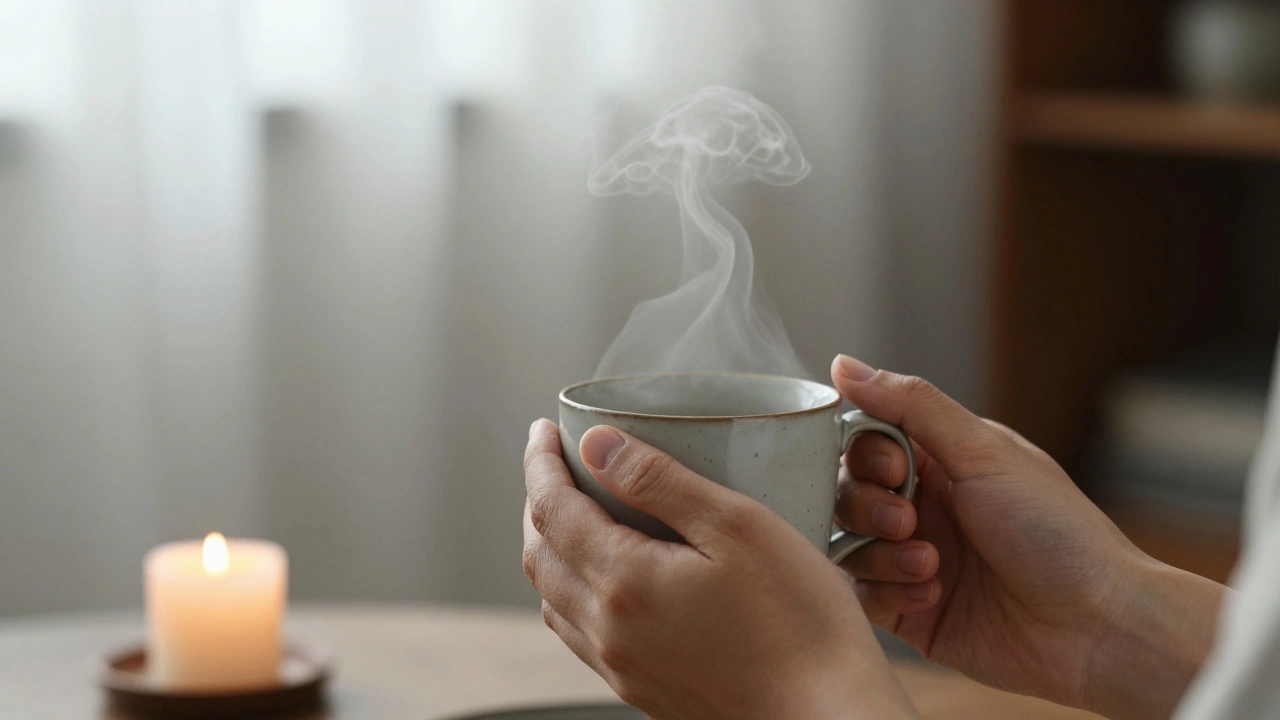Hands holding a warm cup of tea, steam rising in a quiet, blurred setting.