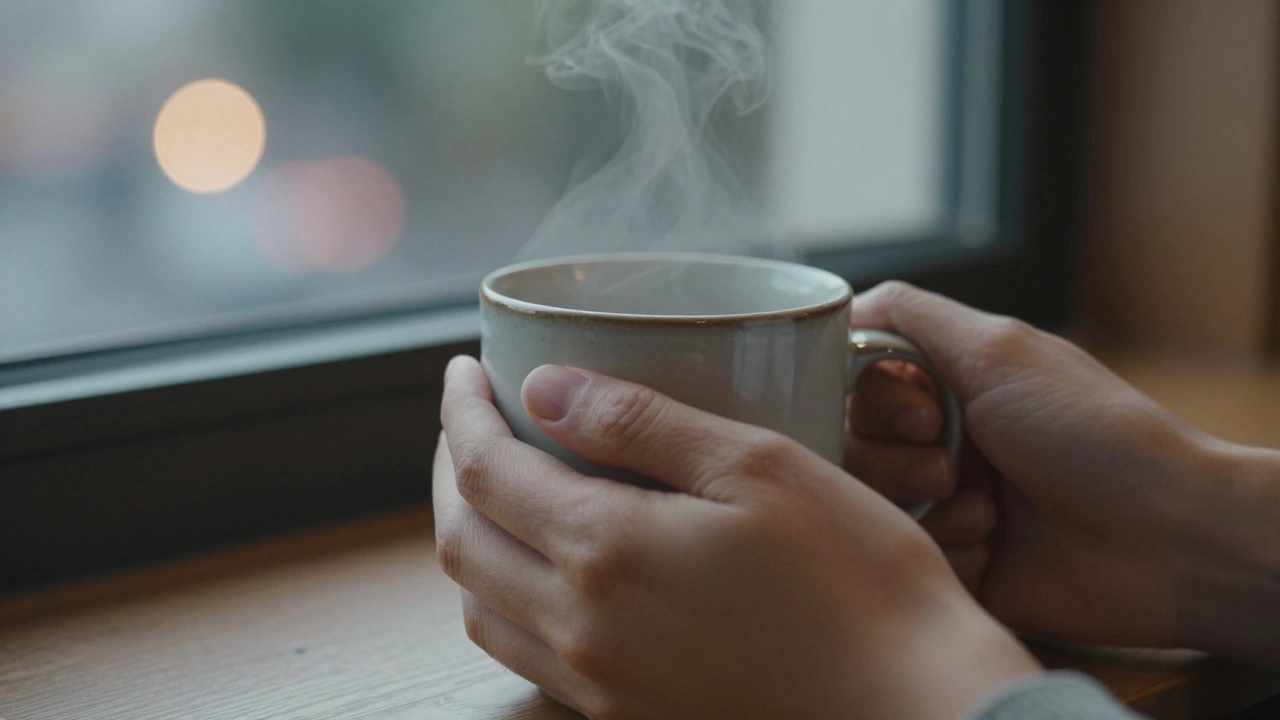 Hands holding a warm mug with blurred city lights in the background, symbolizing quiet reflection.