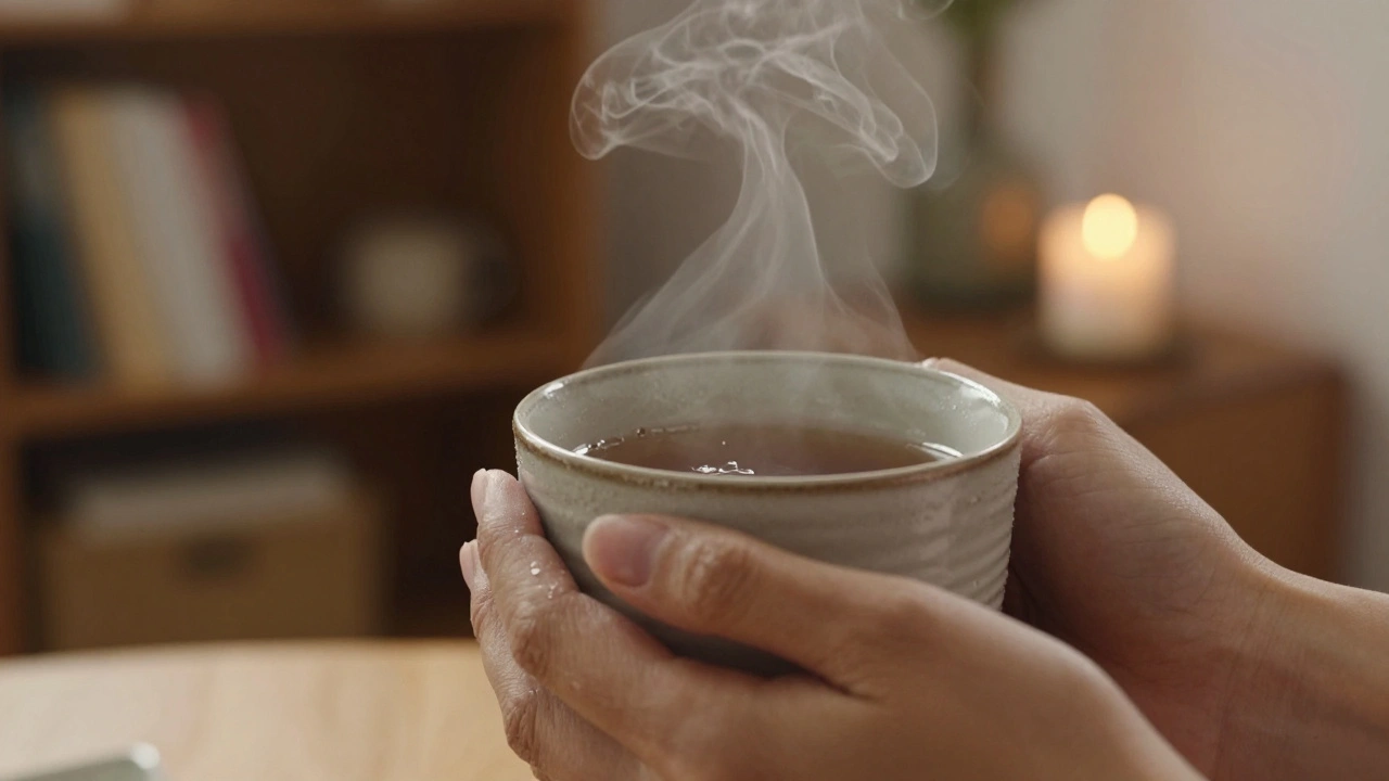 Hands holding a warm mug with steam rising, soft background, symbolizing quiet companionship.