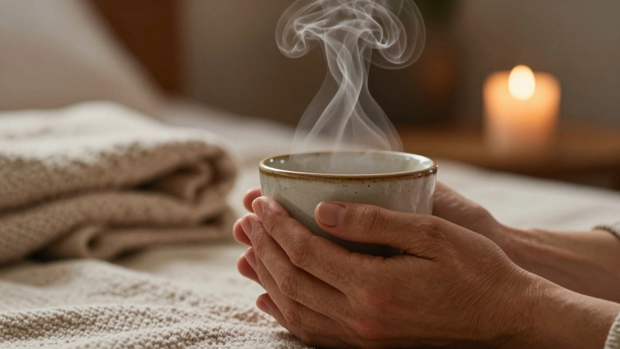 Hands holding a warm mug with steam rising, symbolizing comfort and quiet calm.