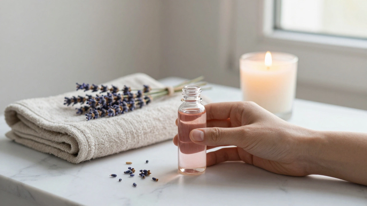 Massage oil, candle, and towel arranged serenely on a marble surface.