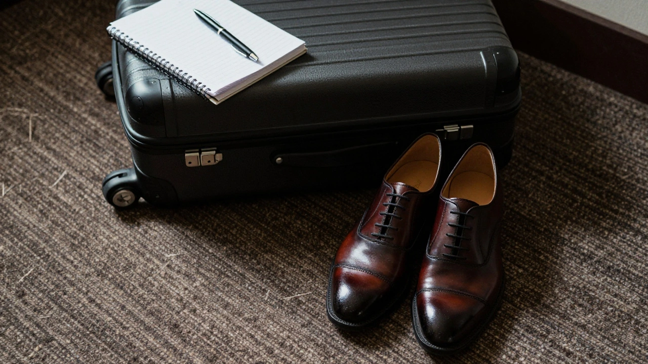 Polished shoes and suitcase with journal on hotel carpet, morning light.