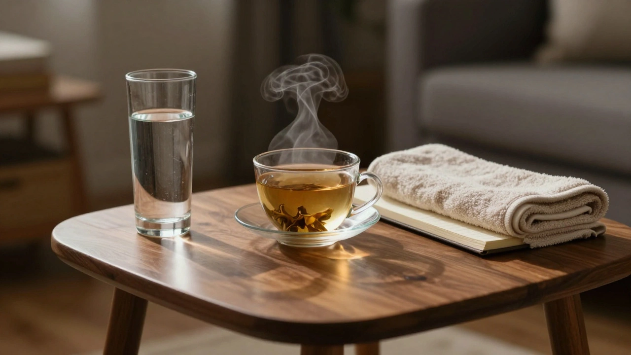 Post-massage setup with water, tea, and journal on a wooden table.