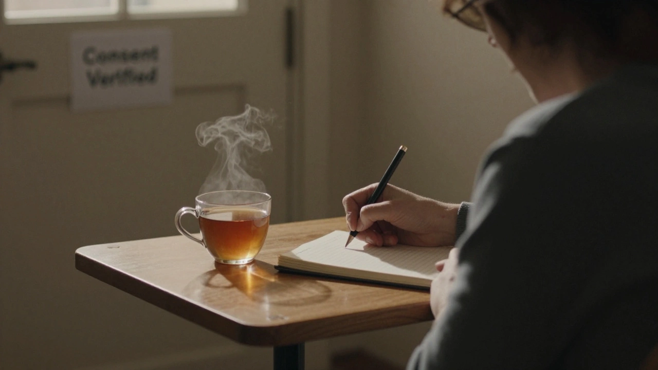 Someone journaling quietly with tea, reflecting after a personal encounter.
